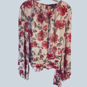White House Black Market Rose Floral Sheer Blouse Top Lined Cami Ruched Waist